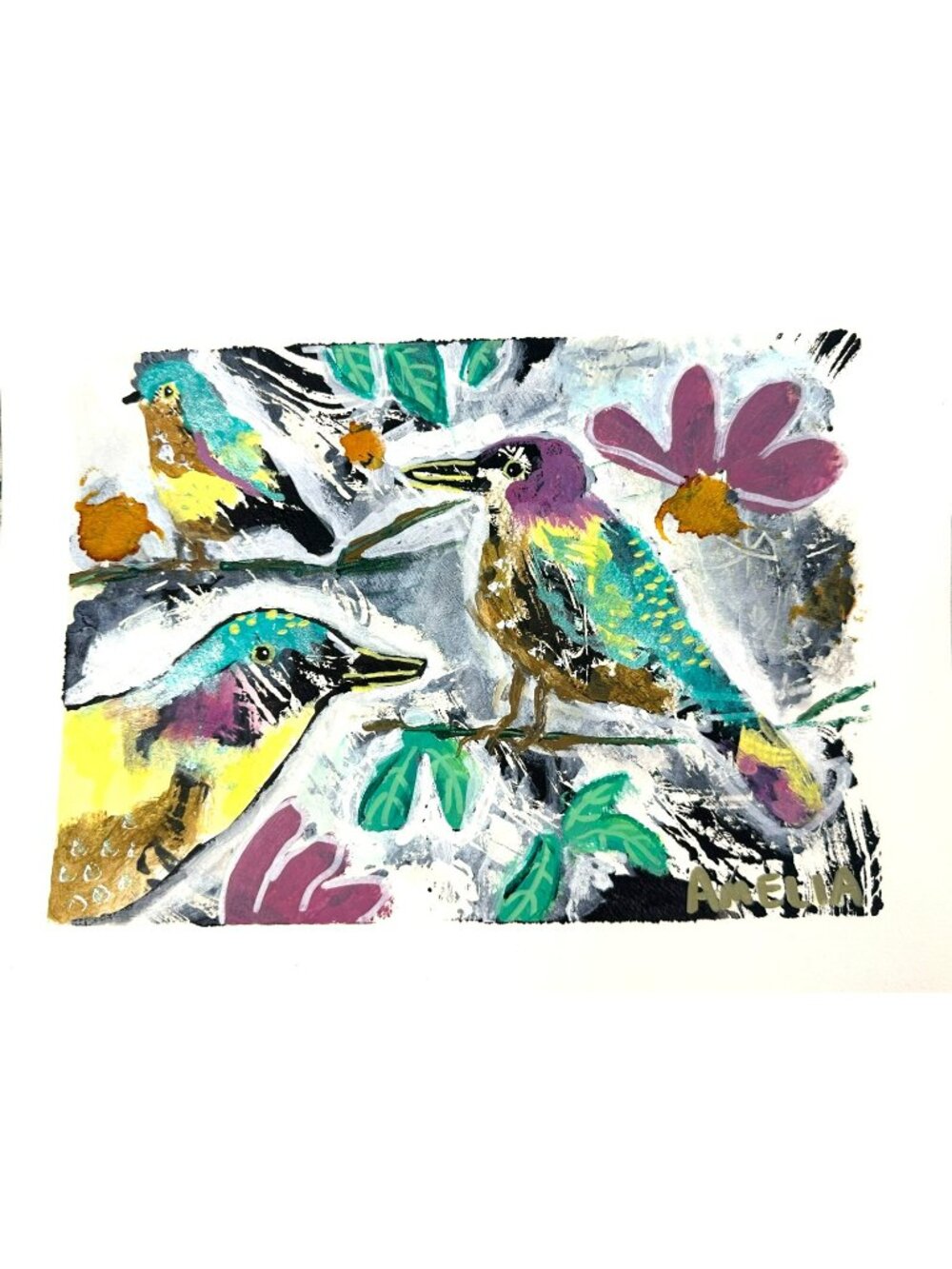 Original Art Painting Birds OOAK 9x12  Whimsical Dreamy Wall Art Spring